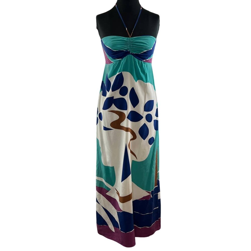 Yumi Kim Grecian Silk Artist Dress Strapless Halter Maxi Teal Purple Small S